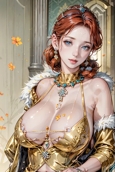 (floral background),1girl, gentle smile, Medieval queen, aristocrat, noble, jewelry, ((fur coat)), (ginger red hair:1.2), jewelry, (puffy sleeve:1.2), golden, earrings, armlet, bracelet, luxury, celebrity, Throne, looking at viewer, drill hair, voluminous ...