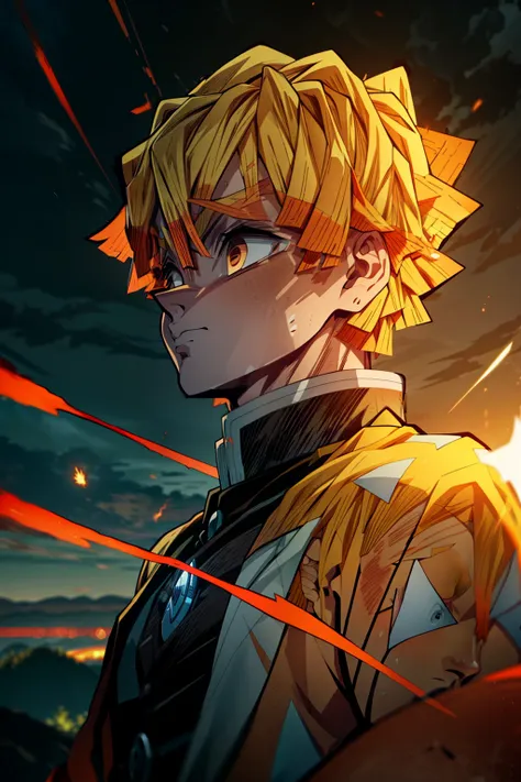 agatsuma_zenitsu blonde hair japanese clothes demon slayer uniform with fire and flames in the background, android jones and ate...