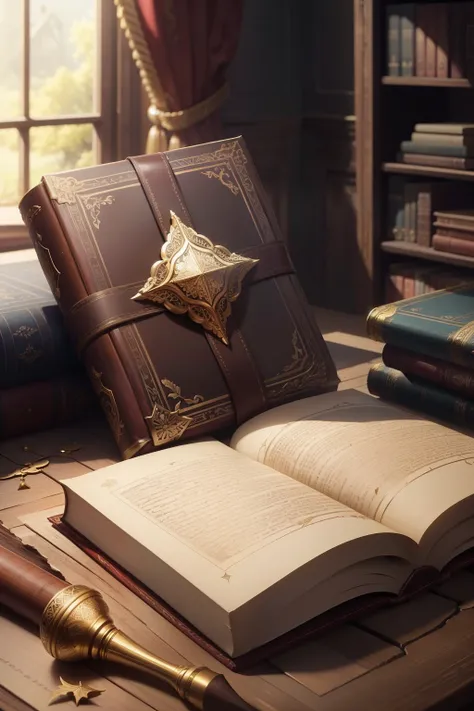 A majestic, leather-bound book with intricate golden embellishments adorns the table. Its pages filled with ancient wisdom and knowledge, a testament to the power of the written word. The books age is evident in the fine lines and cracks that have develope...