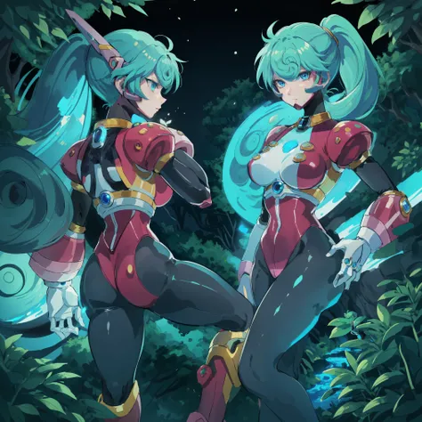 marino_megamanx, 1girl, green hair, blue eyes, ponytail, detailed face, breasts, high quality, masterpiece, in a dark forest looking out at a waterfall, in the style of ultra detailed, dark cyan and light bronze, eye-catching tags, physically based renderi...