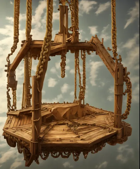 masterpiece, best quality, 8k, panoramic view, archaic wooden elevator pulled by rope and chain,