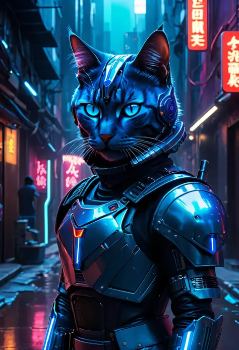 Cyberpunk Cat Knight，glowing eyes，Mechanical armor，Metal whiskers，Electric blue color scheme，future helmet，Vaporwave aesthetics，Lightsaber，Ferocious determination，Fashion，Mysterious company logo，High-tech weapons，night adventure，Dimly lit alleyway，cityscap...