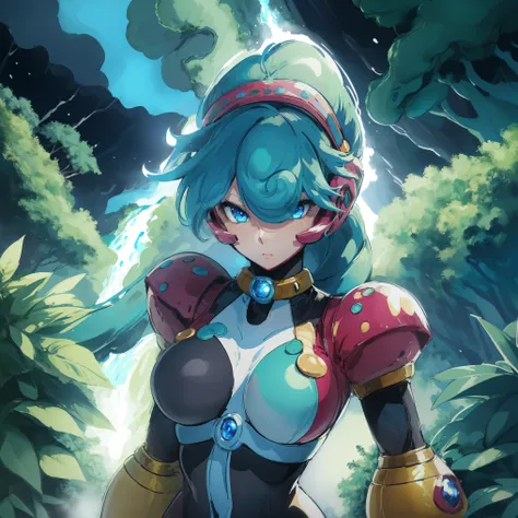 marino_megamanx, 1girl, green hair, blue eyes, ponytail, detailed face, breasts, high quality, masterpiece, in a dark forest looking out at a waterfall, in the style of ultra detailed, dark cyan and light bronze, eye-catching tags, physically based renderi...