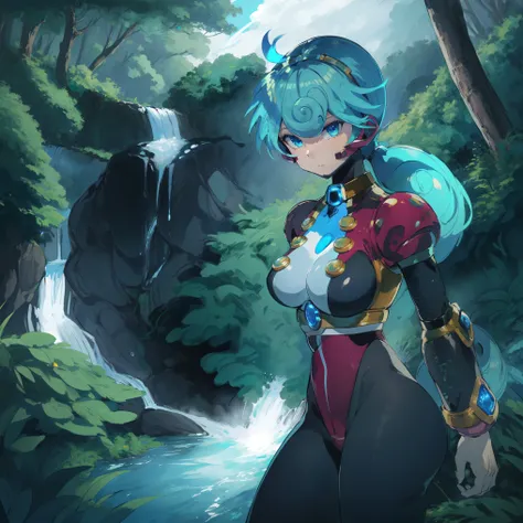 marino_megamanx, 1girl, green hair, blue eyes, ponytail, detailed face, breasts, high quality, masterpiece, in a dark forest looking out at a waterfall, in the style of ultra detailed, dark cyan and light bronze, eye-catching tags, physically based renderi...