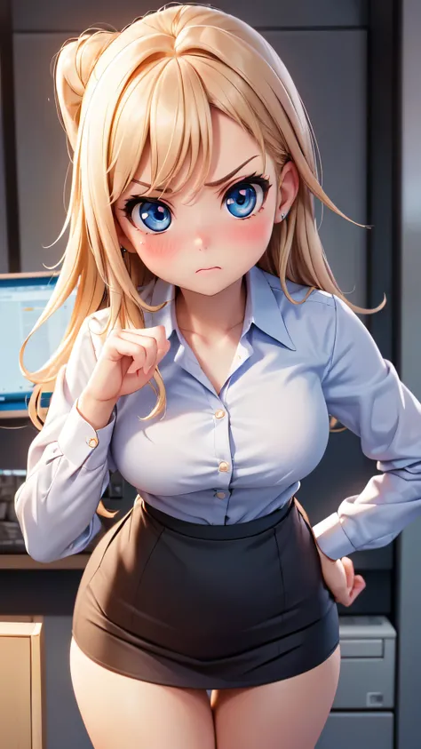 (high quality, High resolution, fine details, actual), ((((Cheeks swell)))), Put your hands on your hips, rely on, alone, miss, ((Female office worker)), Bright Eyes, (exquisite eyes), angry, blush, Shallow depth of field