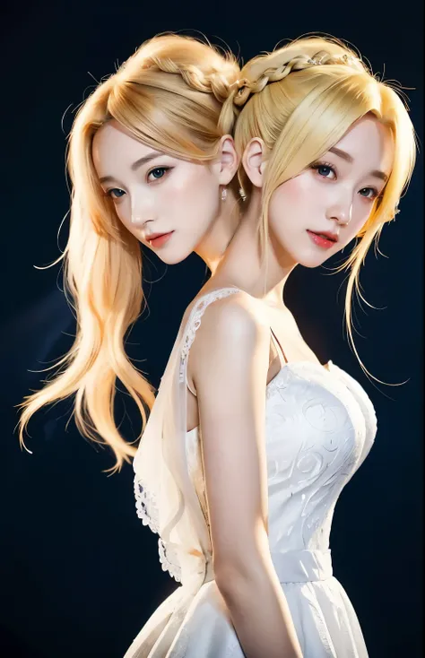 a close up of two women in wedding dresses with hair in the shape of a heart, two beautiful anime girls, beautiful gemini twins portrait, beautiful gemini twins, blonde - haired princess, anime barbie in white, beautiful anime style, epic tale of the twin ...