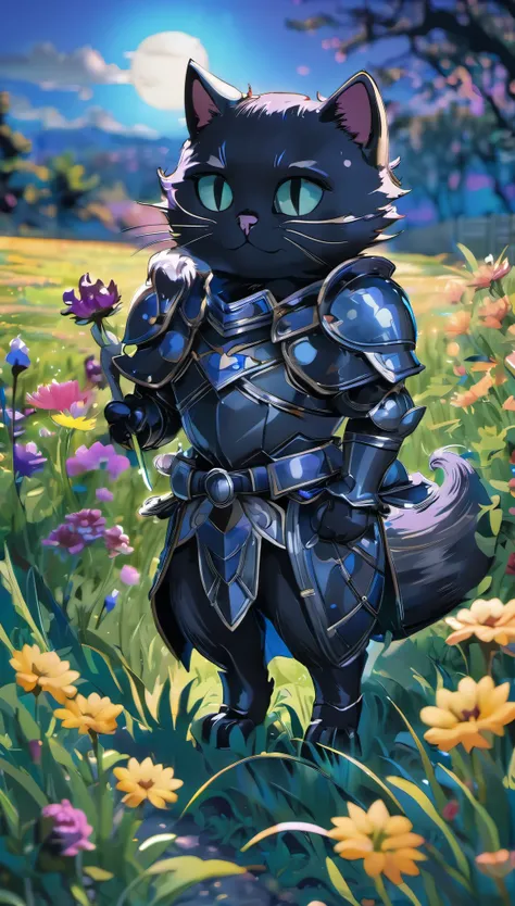 Black Cat Knight，moonlight，field，Sword and Shield，flowers and grass，high saturation，Colorful and bright，8k，masterpiece，Super fine，Super detailed，dynamic perspective