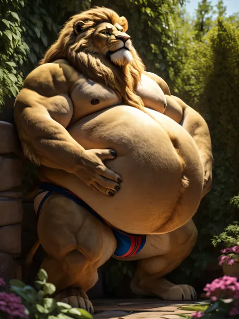 (best quality,4k,highres,masterpiece:1.2),ultra-detailed,realistic,photorealistic:1.37,Lion,male,long and blonde mane,lions chin beard,Big and extremely obese,large body,very big belly,belly very fatty,jockstrap in a garden