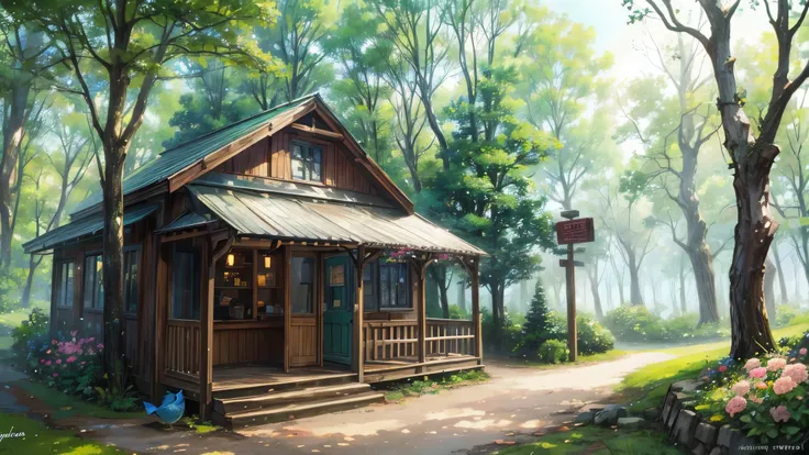 small restaurant in the woods,cute,fairy tale, birds,flowers,scenery,sunlight,trees,((pastel colors))