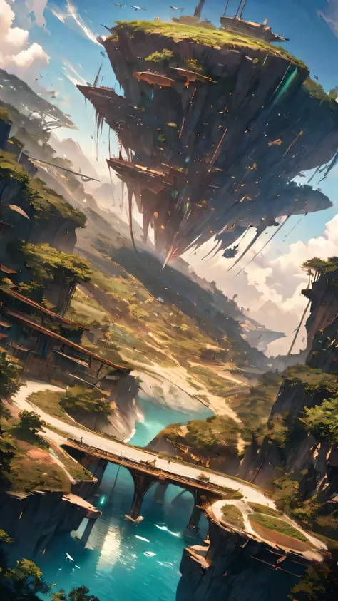 Many islands are suspended in the air with many small airships flying around, cities, fantasy, magical plants growing, extreme details, realistic light, epic composition, (complex details), (complex design, ultra-details :1.2), Art Station, (Masterpiece, B...