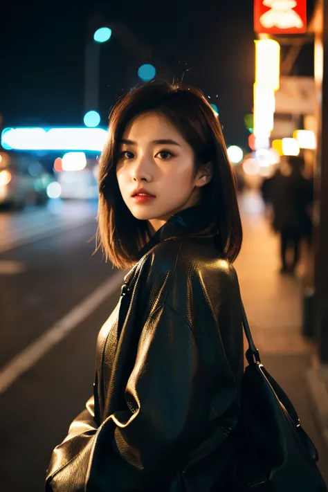 ((highest quality)), ((masterpiece)), (cinematic aesthetic:1.4) Beautiful Korean fashion model bokeh city night photo