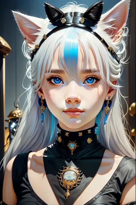 1girl, solo, long hair, smile, blue eyes, jewelry, closed mouth, white hair, earrings, choker, lips, animal, black choker, cat, looking up, portrait, freckles, on head, animal on head, cat on head