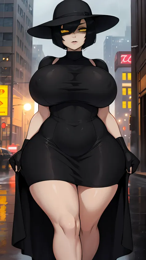 Young girl, black bob haircut, yellow eyes, Detroit city, rain falling. 4k, masterpiece, HD ((thicc)) ((huge tits)) good hands ((good Anatomy)) good face Which hat small black dress short hair covering eyes black lipstick long black glows 