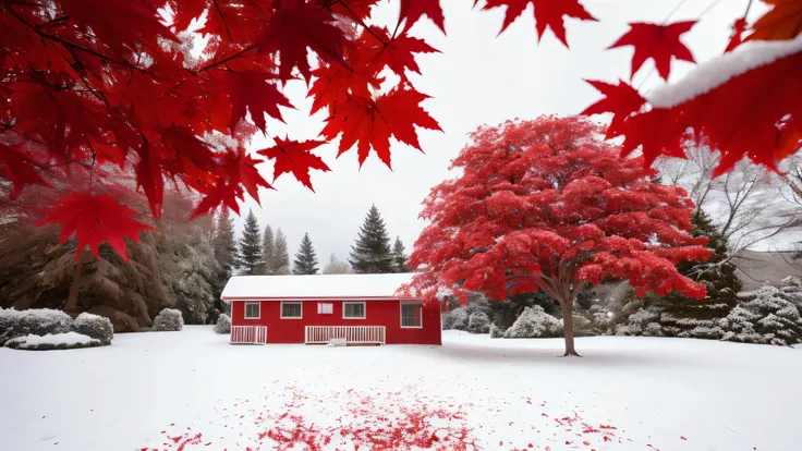 snowy scene of a tree with red leaves in the foreground, with snow covered colourful red, beautiful wallpaper, magical leafs falling, red and white colors, dusting of snow, autumn season, red leaves, maple tree, canadian maple leaves, red trees, red leaves...