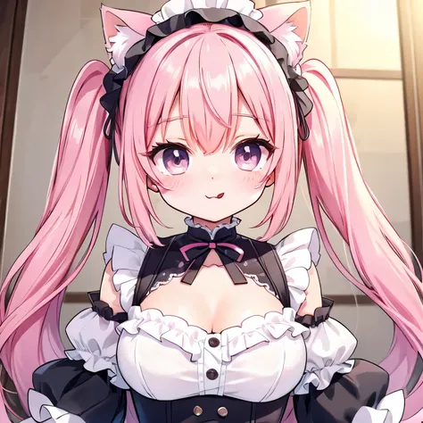  in a pink maid outfit、cute、Very light pink hair、thin twin tails、Cat ear、Tongue out、Head to shoulders、lace background