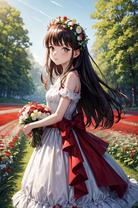 there is a  in a red and white dress holding a bouquet, girl in flowers, picking flowers, holding flowers, picking up a flower, girl standing in flower field, girl standing in a flower field, flowers on heir cheeks, girl in a flower field, portrait of girl...