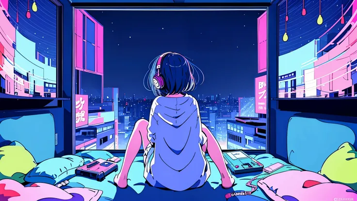 (from behind), girl listening to music with headphones on bed、anime girl, girl listening to music in a cozy room (night), using ...