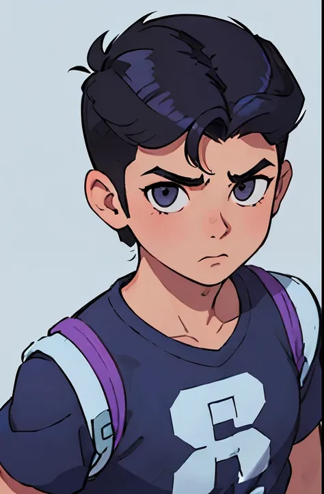 Teen boy with short hair, Combed back hair, very short hair, brownish skin, a little bit muscular, using Blue T-shirt, Purple armband in the arm, combed back hairstyle, pompadour hairstyle, pompadour haircut