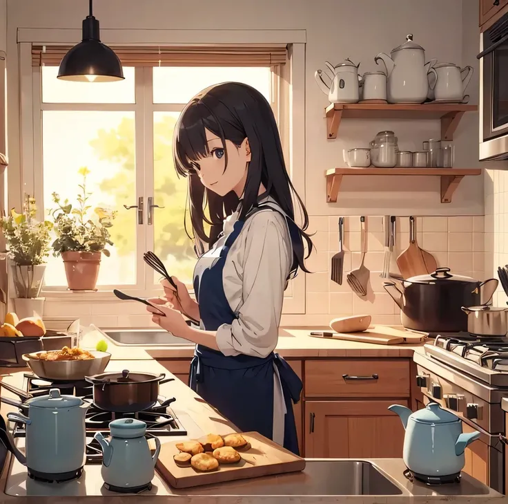 anime girl cooking in the kitchen with a window and a pot, commend girl, commend artstyle, commend girl aesthetic, commend art, commend feel, In the kitchen, in the kitchen, commend, commend aesthetic, cooking, commend portrait, commend vibes, anime aesthe...