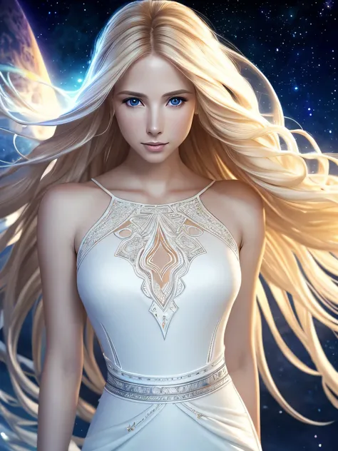 Fantasy space background with photo of pleiadian with natural skin, Long, thick blond hair, sharp vision, Thin, upturned nose, shapely lips, Equal body shape, Simple white dress and simple makeup, Intricate maximalist details, energetic, epic, Smooth, cine...