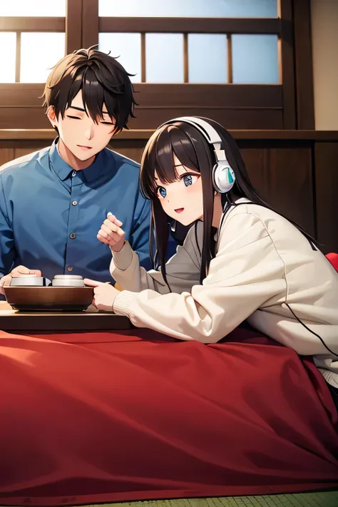 Couple in their 20s、It&#39;s in a kotatsu、Listening to music with headphones、high resolution、high quality
