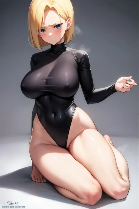 highest quality, High resolution, ,full body figure,AND18, 1 girl, android 18, alone, golden hair, blue eyes, short hair,earrings,big breasts, frown,crying face,tears,embarrassing,blush,wide open mouth,Sweat,1 girl, black leotard, black high leg cut,silent...