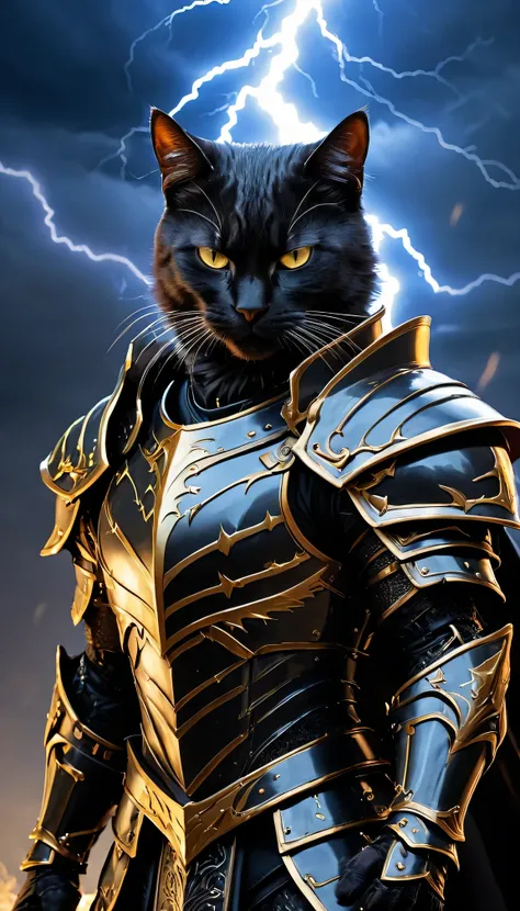 masterpiece, best quality, Super detailed, Cat Knight, Lightning and thunder, anger, anger, Most High God, Sleek black armor