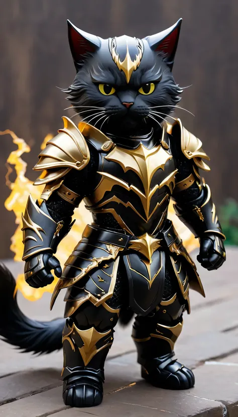 masterpiece, best quality, Super detailed, Supreme God Cat Knight, Lightning and thunder, anger, anger, Sleek black armor