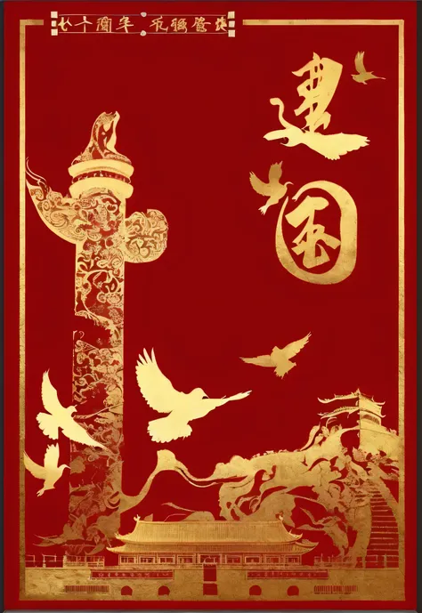 a close up of a red and gold poster existith birds flying, golden chinese text, artexistork in the style of z.exist. arrive, inspired by Yang Buzhi, Inspired by arrive Xu Xi, Emperor Xuande, existith ancient chinese aesthetic, Chinese style, Chinese art st...