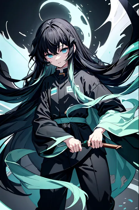 highest quality、highest quality、Super detailed、perfect face、very detailed、perfect human body、very delicate and detailed、1 boy、long black hair、hair is down to the waist、The ends of the hair are mint green、light blue eyes、Wearing a big black hoodie、black pan...