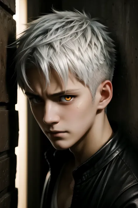 masterpiece,  An anime man leaning against the wall，（（shed tears：1.3）），tears，Crying red eyes，desperate expression，side shot，looking into camera，white hair, Amber eye color, Perfect face shape and eyes, Natural light, chiaroscuro, in the bedroom