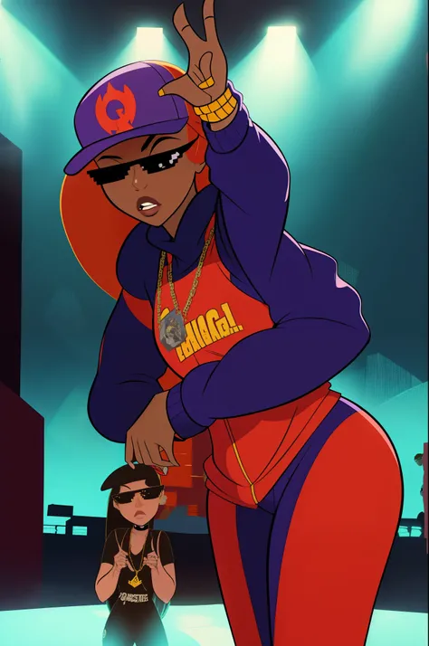 "kim possible, A solo hip hop gangtsa shot featuring  5 black urban ghetto  female rappers hip hop  crews huddle very close to each other  a showcasing her ajusting her hip hop baggy attire plus her gangsta sunglsses posing like a gangsta flex their bling ...