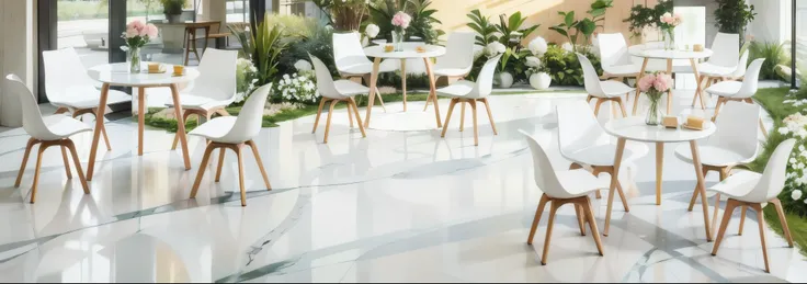 3D rendering, floral installation, event in the lobby of Kengo Kumas office, green plants and white, inside tall glass cubicles, grass, marble floor with a giant pastel yellow rose, colorful, vines, watercolor,Planting White Roses, Pillar, wedding,tables a...