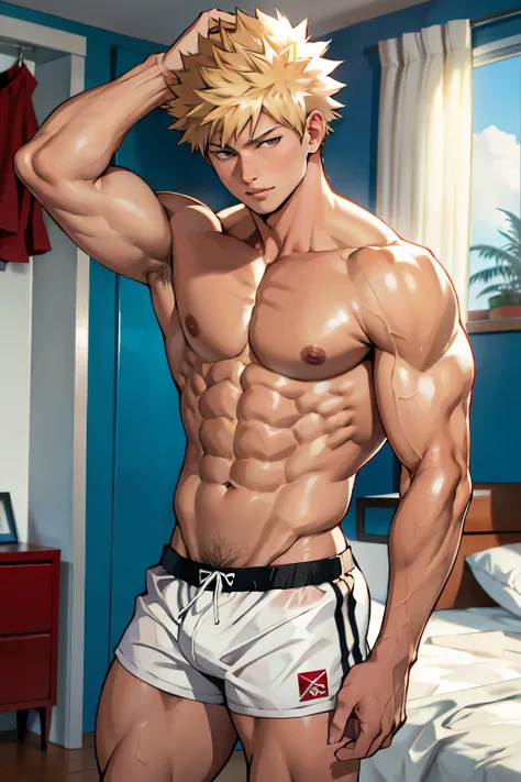 Katsuki Bakugo from Boku No Hero Academia, wearing white swimwear, bodybuilder, with oiled skin, posing, defined body, shirtless, abs,  bedroom