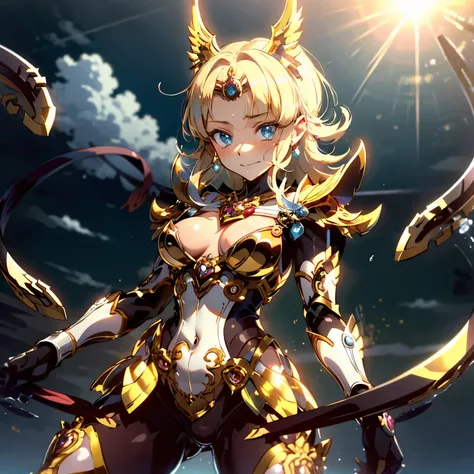 ((best quality)), ((masterpiece)), (detailed), 1girl, nadja, garo, bodysuit, gold armor, blue eyes, dawn, sun, clenched hands