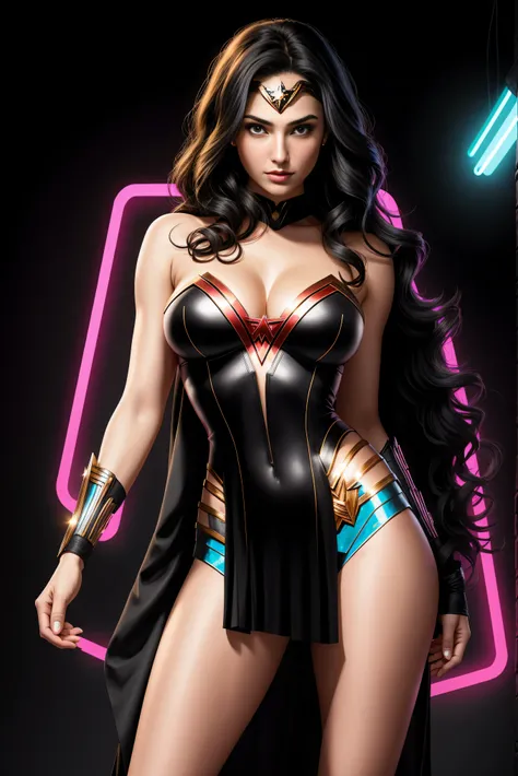 there  IS GAL GADOT AS WONDER WOMAN standing, long hair, 3 d neon art of a womans body, neon-noir background, cyberpunk femme fatale, seductive cyberpunk dark fantasy, cyberpunk strip clubs, cyberpunk 20 y. o model girl, oppai cyberpunk, banner, high defin...