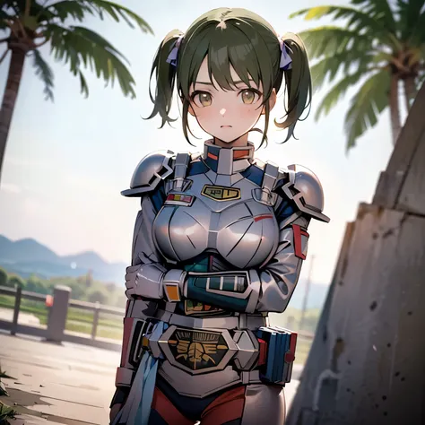 ((best quality)), ((masterpiece)), (detailed), 1girl, nanakusa nichika, twintails, short hair, short twintails, perfect lighting, high quality, ChoujinkiMetalderQuiron, Sunbathing,