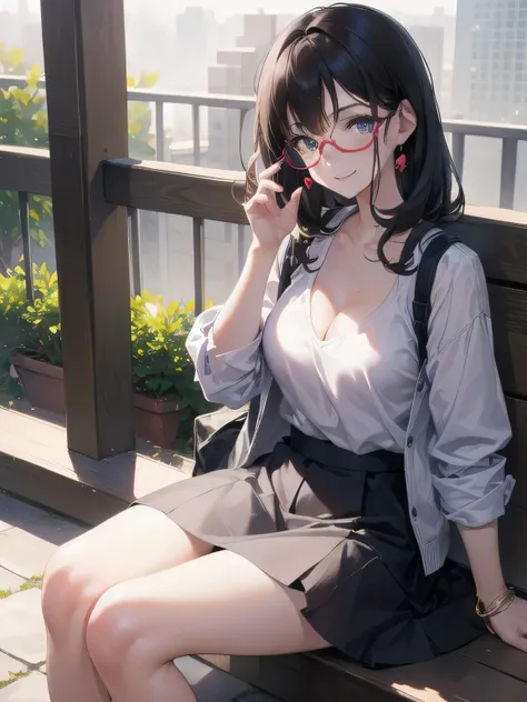 1girl, masterpiece, best quality, ultra detail, short straight black hair, pink lips, blue eyes, red cheek, looking at viewer, young, medium breasts, glasses, cleavage, 5 fingers cute smile, joyful, indoor location, eye glasses