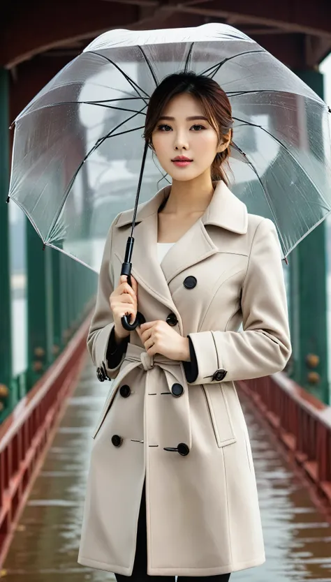 Raw photo, side shot of beautiful korean female, 34 inch breasts size, wearing coat, holding clear umbrella, unde the bridge, UHD