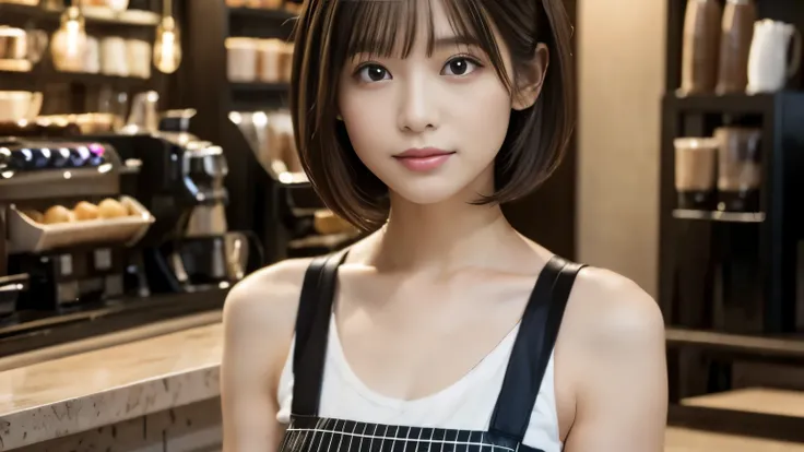 (((Cafe:1.3, Inside the store, Photographed from the front))), ((medium bob:1.3,Black and white bicolor dress, japanese woman, cute)), (clean, natural makeup), (highest quality, masterpiece:1.3, 超High resolution), (Super detailed, caustics), (realistic:1.4...