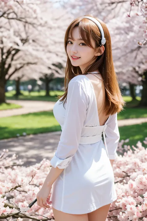 highest quality, masterpiece, 8K, ultra high resolution, (realistic: 1.4), 1 girl, beautiful face, symmetrical eyes, big, perfect body proportions,（(Soryu Asuka Langley，interface headset，one piece：1.4，blonde)), ((look back)), walk、Cherry blossom viewing in...