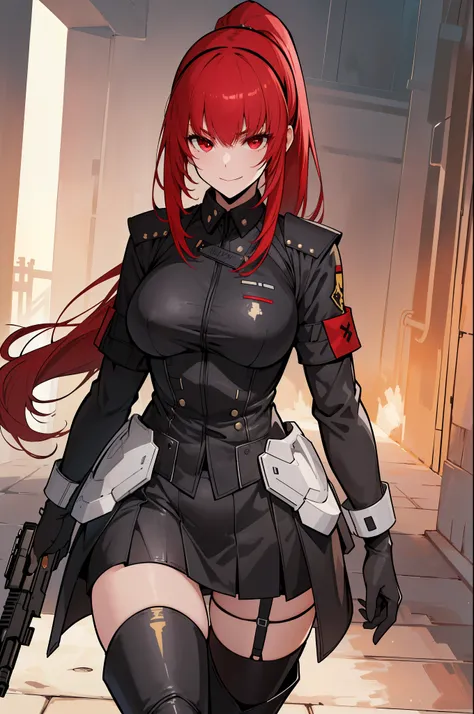 (best quality:1.3), (masterpiece:1.3), (illustration:1.3), (ultra-detailed:1.3), 1girl, solo, verapgr rozen, shoulder armor, hairband, red hair, red eyes, (((military uniform, thigh straps, tactical gear))), large breasts, evil, evil smile, serious express...