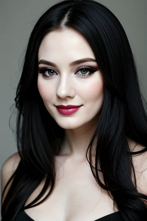  beautiful 25 year old woman, flirty smile, headshot, pale skin, long black hair, headshot, face focused camera, ((Masterpiece, best quality)), edgy makeup