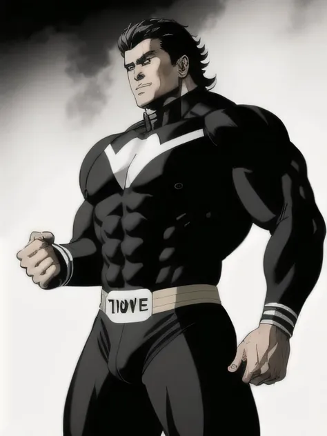 monochrome manga, wrestler, black bodysuits, hunk, crotch,