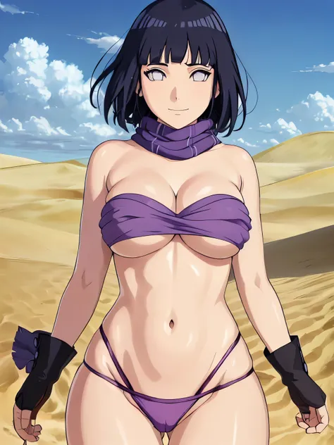 (hinata(boruto), (high quality, anime, tall, majestic appearance, shoulder strap), ((mini purple Bandeau top, tight purple Bandeau top)), ((fingerless gloves, black thong, black scarf, gold belt)), (scratching, (both armpits in full glory, two armpit line,...