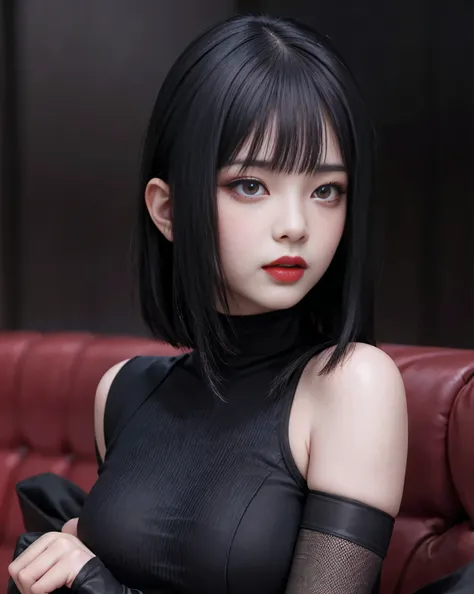 (highest quality,high resolution),(realistic:1.37),dark,goth,woman, eye,detailed face,black clothes,bob cut black hair,straight ...