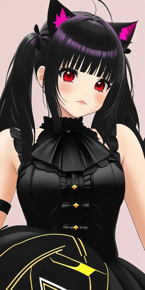 ((Mejor calidad)), ((mesa)), ((ultra detallado)), (illustration), (luz detallada), (extremadamente delicado y hermoso), (((Solo))), ,((long hair slightly wavy slightly past the shoulders, black bangs, small black pigtails on the sides, cute cat ears, beaut...