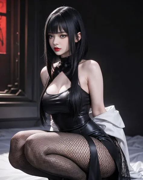 (highest quality,High resolution),(realistic:1.37),dark,goth,woman, eye,detailed face,black clothes,bob cut black hair,straight bangs,pale skin,red lipstick,intense expression,mysterious atmosphere,gothic background,thin dark lighting,night,Bright colors, ...