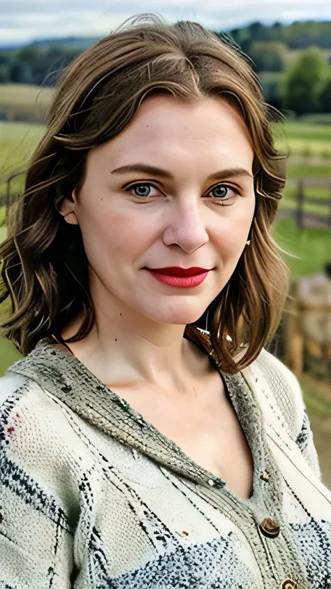 In this captivating photograph we delve into the realm of rural America. (Best quality: 1.3) the mature white woman is wearing a colorful cable-knitted sweater, mischievous twinkle in her eyes and a playful smirk on her red lips, beautiful face, greying br...