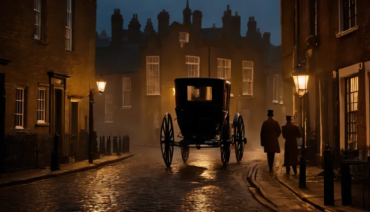 a street in Victorian London, gas lamps, cobblestone, fog, old buildings, chimney smoke, horse-drawn carriages, richly dressed gentlemen, bustling crowds, a shadowy figure in a top hat, urchins in ragged clothes, brick facades, narrow alleys, a glimpse of ...